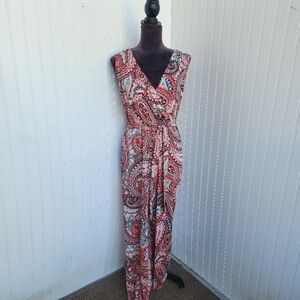 Tacera Womens Jumpsuit Red Green Paisley Stretch Sleveless Tie Waist V-Neck S